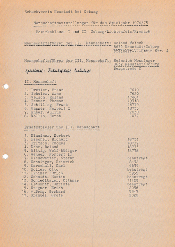 Mannschaftsaufstellungen in der Spielzeit 1974/1975 für die Bezirksklasse I und II